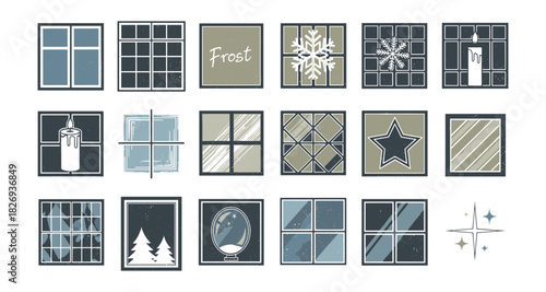 Winter window icons: frosty designs with snowflakes and candles in flat style