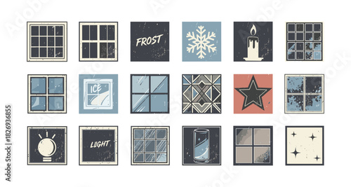 Vintage winter icon set featuring snowflakes, stars, and candles in distressed style