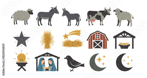 Rustic nativity scene with farm animals and barn elements in flat design