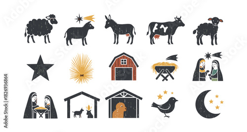 Rustic nativity scene with animals and barn in vintage style