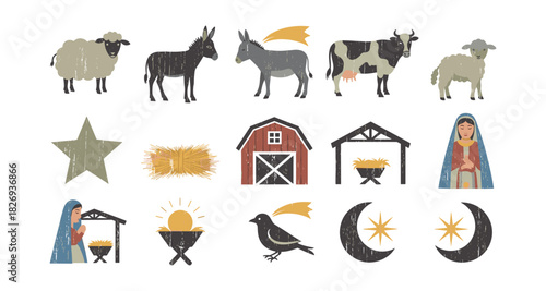 Rustic nativity collection with farm animals and seasonal elements in flat style