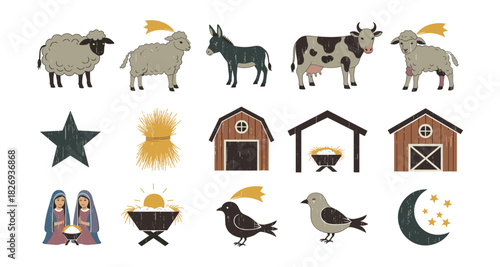 Rustic nativity scene elements collection in flat style