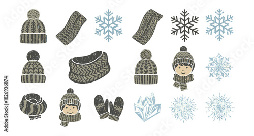Cozy winter collection: knitted hats, scarves, and snowflakes for seasonal design