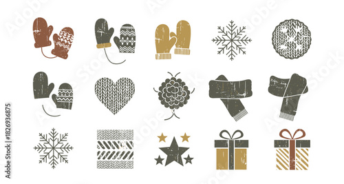 Rustic winter elements: mittens, snowflakes, and gifts in textured design