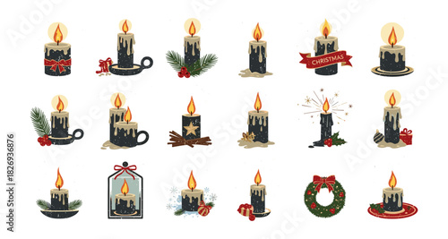Festive candle icons with christmas decorations and elements for holiday design