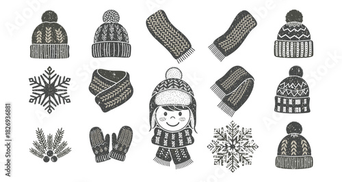Cozy winter apparel collection featuring hand drawn hats, scarves, mittens, and snowflakes