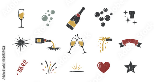Vintage celebration icons set: champagne, glasses, and party elements