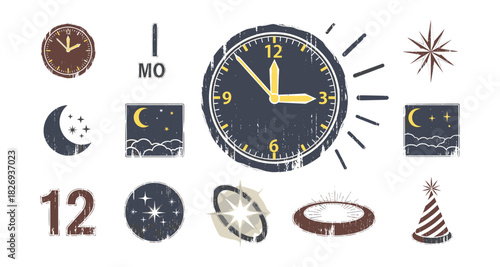 Vintage grunge clock and celestial icons set for time and astrology themes