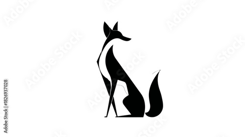 Elegant, minimalist black fox silhouette sitting illustration. Modern graphic design with a clean, stylized animal shape on a white background.