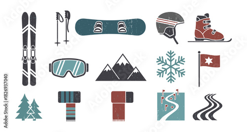 Vintage winter sports icons featuring skiing, snowboarding, and mountain scenery