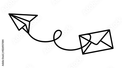 Communication concept with line art paper airplane and envelope. sending email, messages, and digital correspondence via internet.