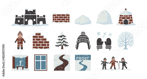 Winter fun elements: castles, igloos, and snowy scenes for seasonal activities