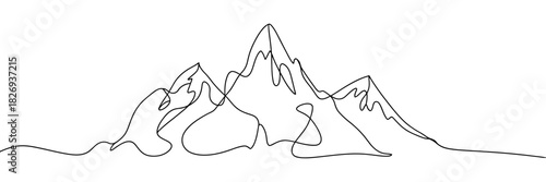 Continuous line drawing of majestic mountain range peaks, minimalist abstract landscape illustration representing adventure, stability, and growth