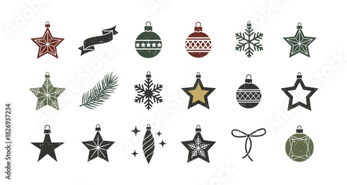 Vintage christmas ornaments: rustic stars and snowflakes with festive icons