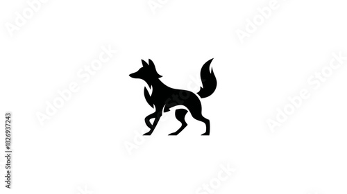 Stylized Black Fox Silhouette Walking Graphic Design Element on Clean White Background. Minimalist Wild Animal Symbol Illustration.