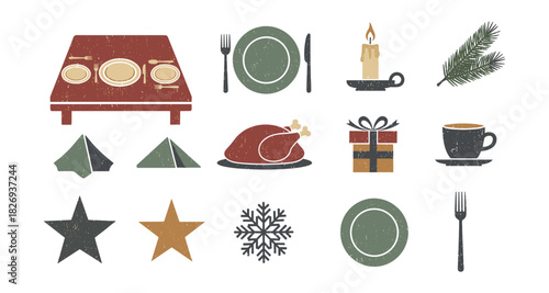 Vintage holiday dinner elements with rustic tableware and festive icons