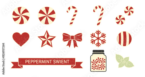 Retro peppermint candy icons and holiday elements collection