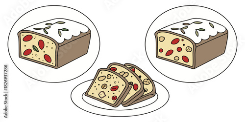 Two whole fruitcakes are shown in circular frames, while three slices of fruitcake are presented on a white plate.