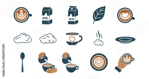 Coffee and milk icons set: latte art, cups, and clouds in minimalist style