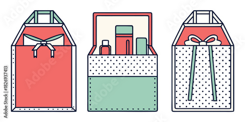 Three decorative gift boxes are displayed in a row, with one box open to reveal its contents.