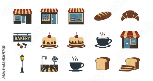 Charming bakery icons set with shops, pastries, and coffee elements