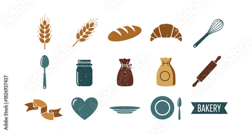 Rustic bakery icons set with grains, bread, and kitchen tools