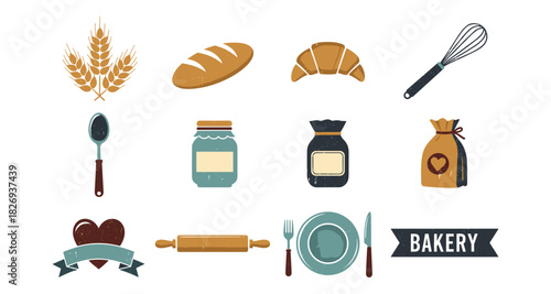 Vintage bakery icons collection: retro bread, tools, and ingredients
