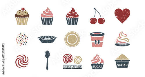 Vintage bakery icons set featuring cupcakes, cherries, and decorative elements