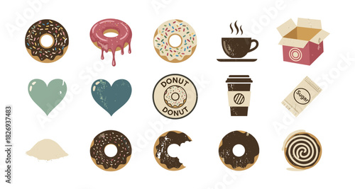 Retro donut and coffee icon set featuring vintage baked goods and beverages