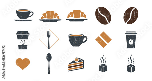 Retro coffeehouse icons: cups, croissants, beans, and pastries in rustic style
