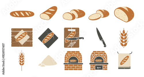 Bakery elements set: bread, ovens, wheat, and baking tools in flat design