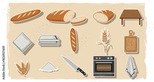 Rustic bakery essentials: breads, baking tools, and kitchen decor