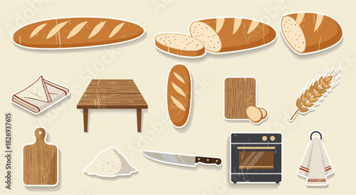 Rustic bread baking elements set with rustic style kitchen tools and ingredients