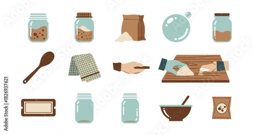Baking essentials collection: jars, utensils, and ingredients in flat style