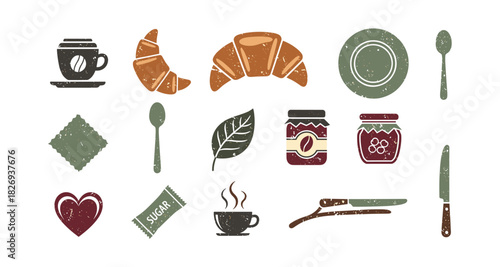 Rustic breakfast icons set with coffee, croissant, jam, and utensils