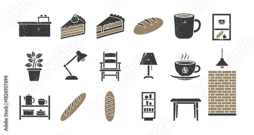 Rustic cafe elements with distressed style: coffee, bakery, and decor icons