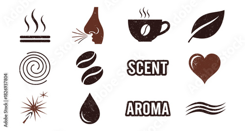 Vintage aroma icons: coffee, scent, and nature elements in grunge style