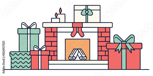 A festive fireplace is decorated with Christmas presents and stockings, creating a cozy scene for the holiday season.