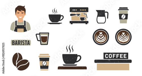 Coffee shop icons set featuring equipment, drinks, and barista elements