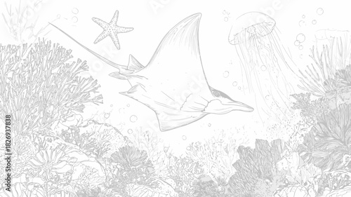 Detailed hand-drawn illustration of an underwater ocean scene featuring a majestic manta ray, starfish, jellyfish, and coral reef.