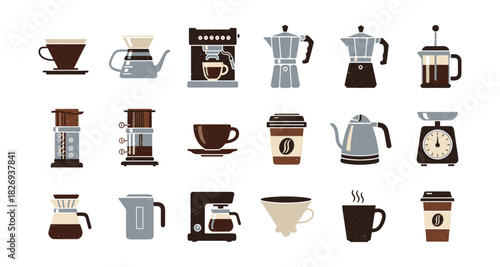 Coffee maker collection: assorted brewing methods in flat style