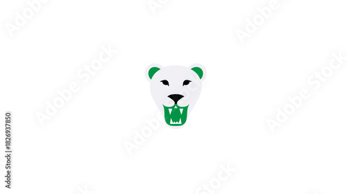 Stylized white and green angry lioness head icon with fangs, depicting strength and wild predator spirit