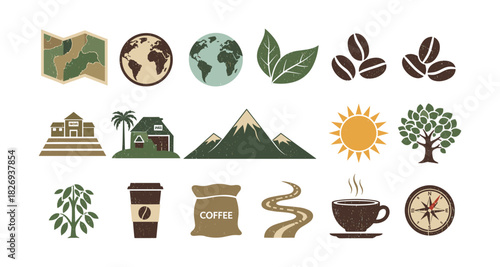Rustic travel icons: nature, coffee, adventure, and exploration