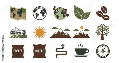 Nature and travel icons: coffee, agriculture, and adventure themes