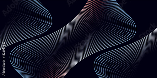 Dark abstract background with glowing wave. Shiny moving lines design element. Elegant dynamic wavy lines. Modern futuristic technology concept. Vector