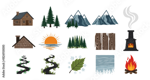 Rustic cabin and nature elements with trees, mountains, and campfire