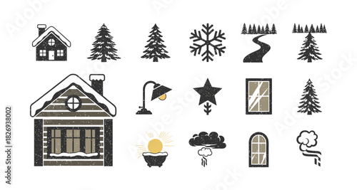 Rustic winter icons: cozy cabin and snowy trees collection