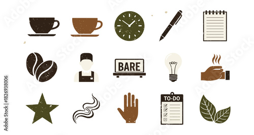 Rustic coffee shop elements with distressed texture: cups, beans, and more