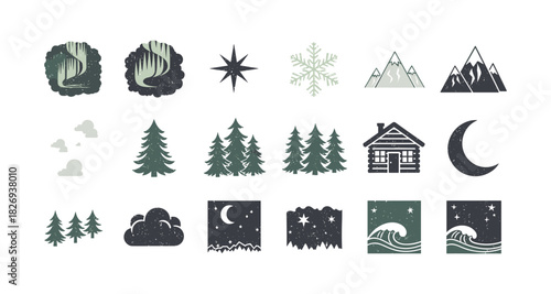 Nature adventure icons: mountains, trees, and cabin in rustic style