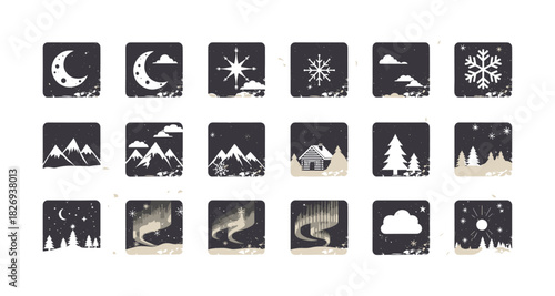 Vintage night and winter icons set featuring moon, snowflakes, and forest scenes
